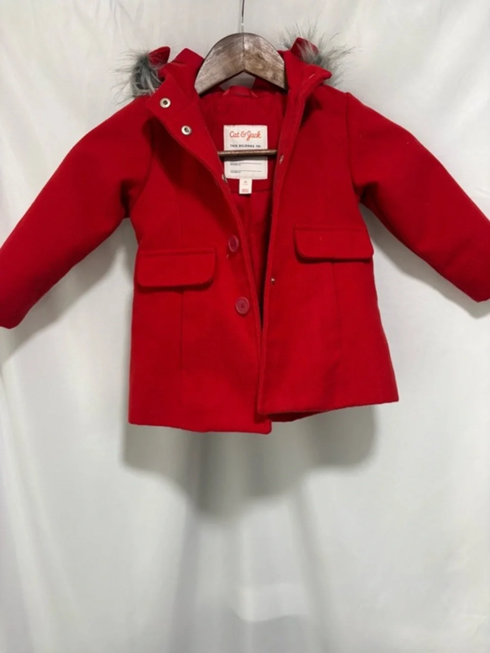 Cat & Jack Toddler Girls Red Coat Size 2T Faux Fur‎ Hood Jacket